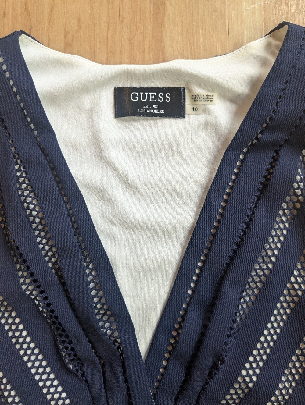 GUESS Navy and White V-Neck Eyelet Dress